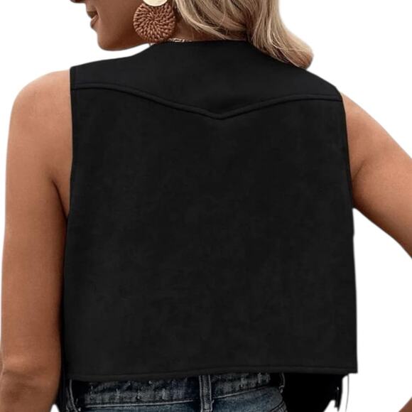 SweatyRocks Women's L Suede Fringe Trim Sleeveless Crop Vest Jacket Button Front - Picture 2 of 9